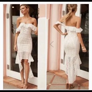 Saints & Secrets off the shoulder high-low hem white lace dress NWT